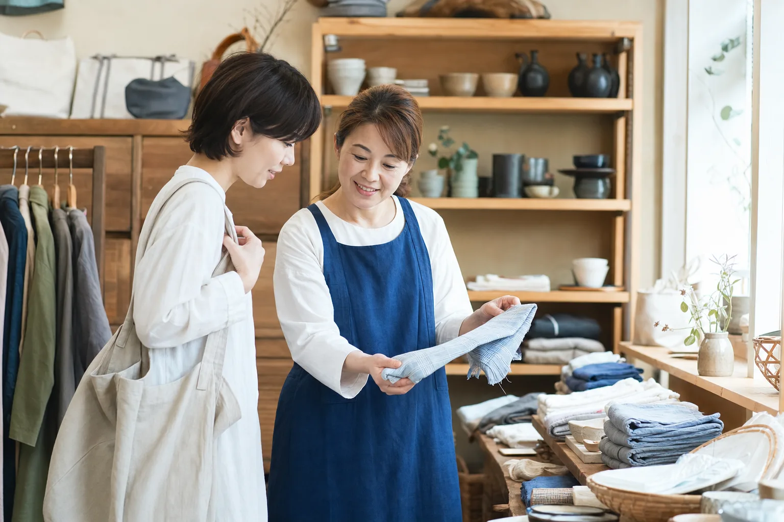 小売店で商品を案内する日本人スタッフ